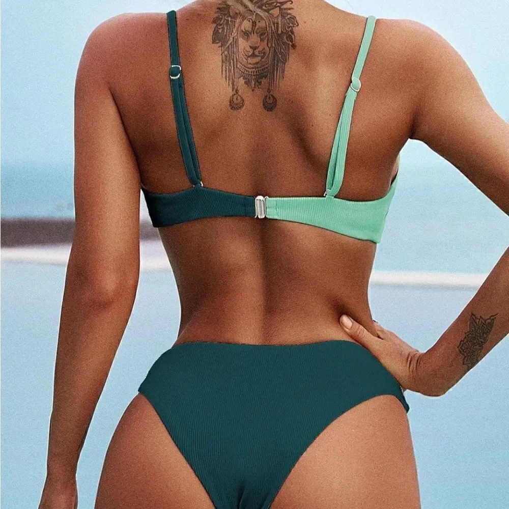Two Tone Ribbed O-Ring Bikini Bathing Suit